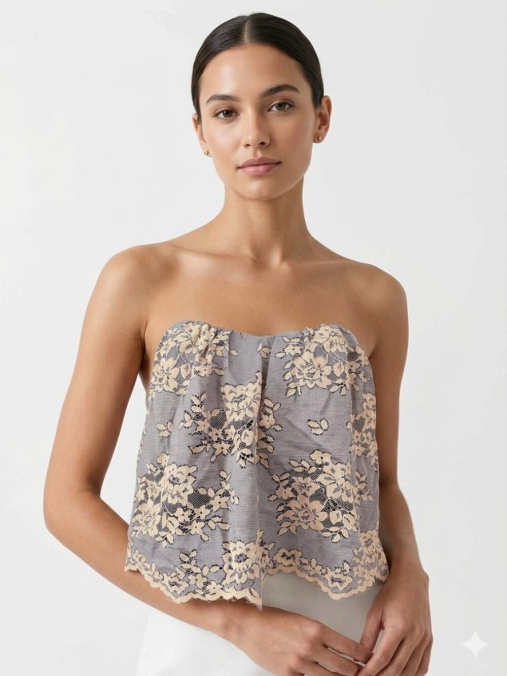 DO+BE Strapless Lace Romantic Top Gray Peach Small